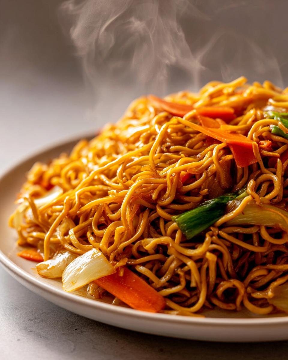 Close-up of hot, steaming Panda Express Chow Mein noodles mixed with sliced carrots and onions on a white plate.