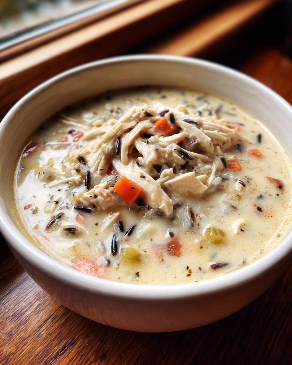 Close-up of a creamy bowl of Panera Chicken And Wild Rice Soup topped with shredded chicken and wild rice.