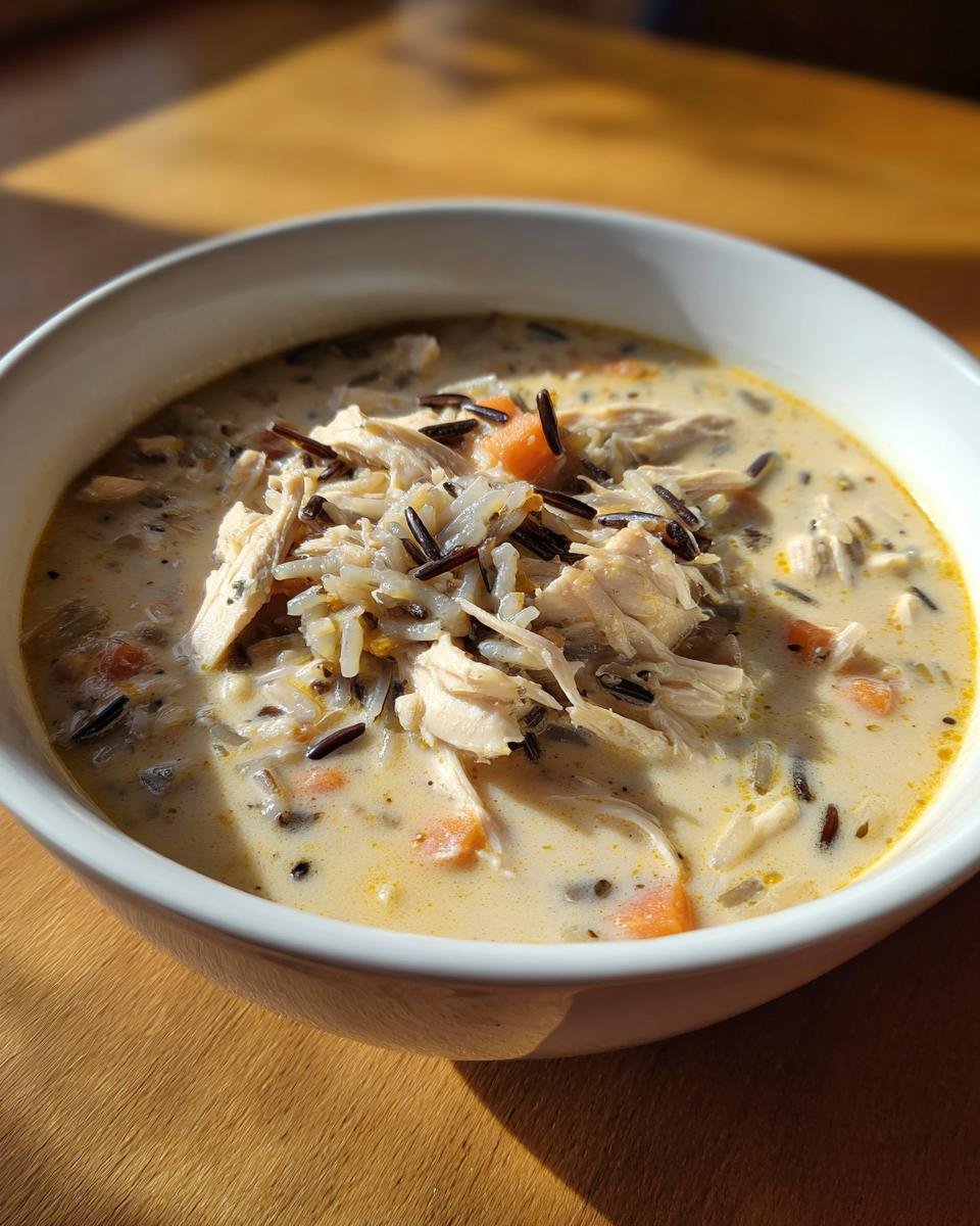 Close-up of a hearty bowl of Panera Chicken And Wild Rice Soup, topped with shredded chicken and wild rice.