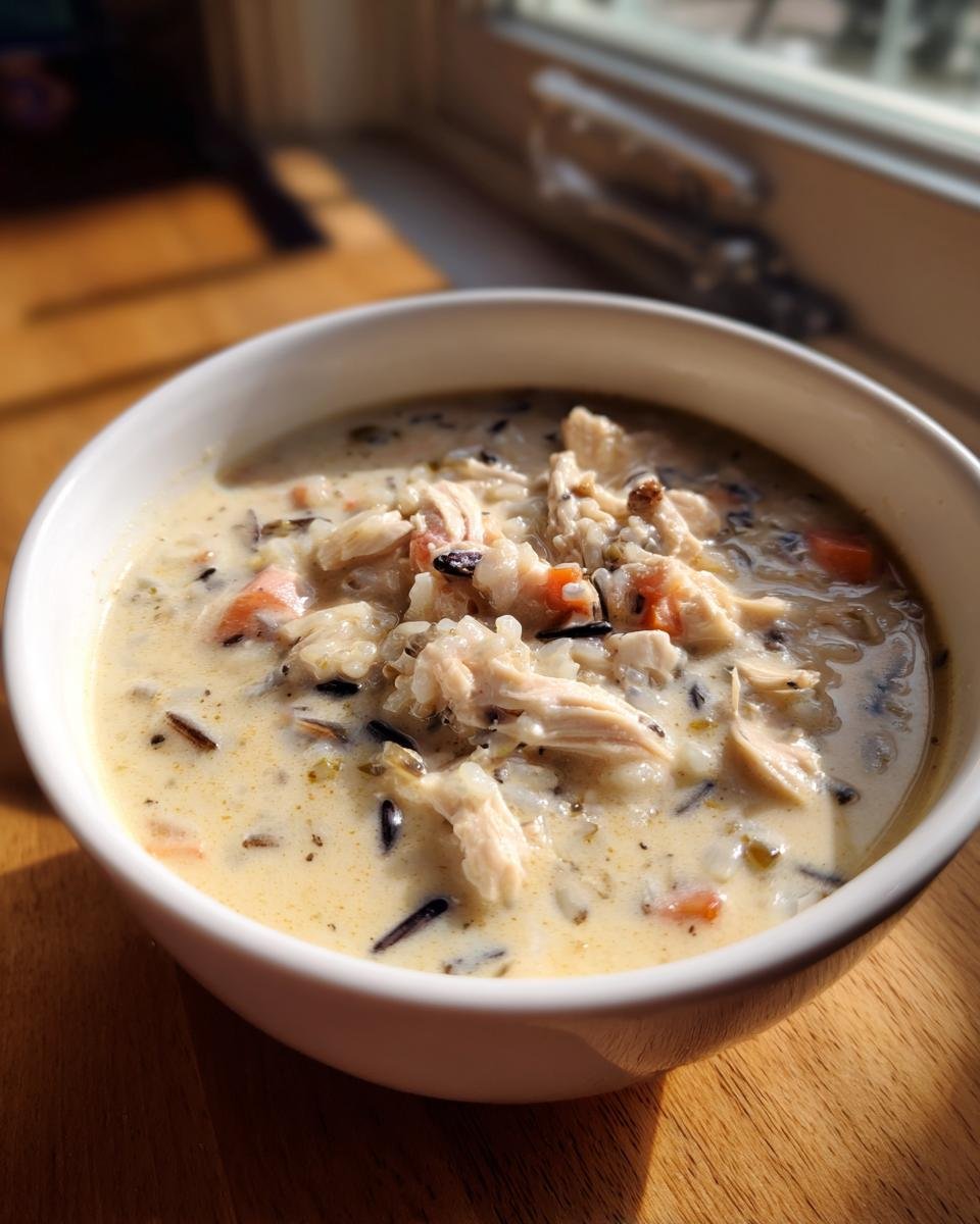 Close-up of a white bowl filled with creamy Panera Chicken And Wild Rice Soup, showing shredded chicken, wild rice, and carrots.