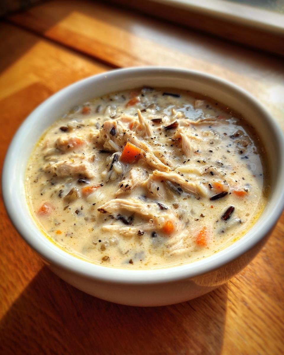 Close-up of creamy Panera Chicken And Wild Rice Soup with shredded chicken, wild rice, and carrots in a white bowl.