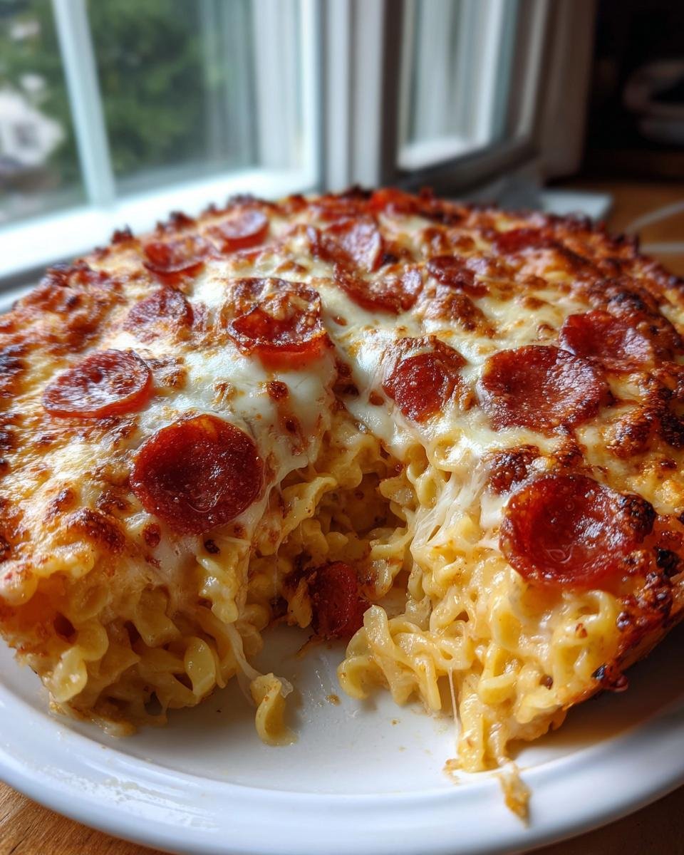 A slice removed from a baked Pepperoni Pizza Casserole showing melted cheese and pasta noodles inside.