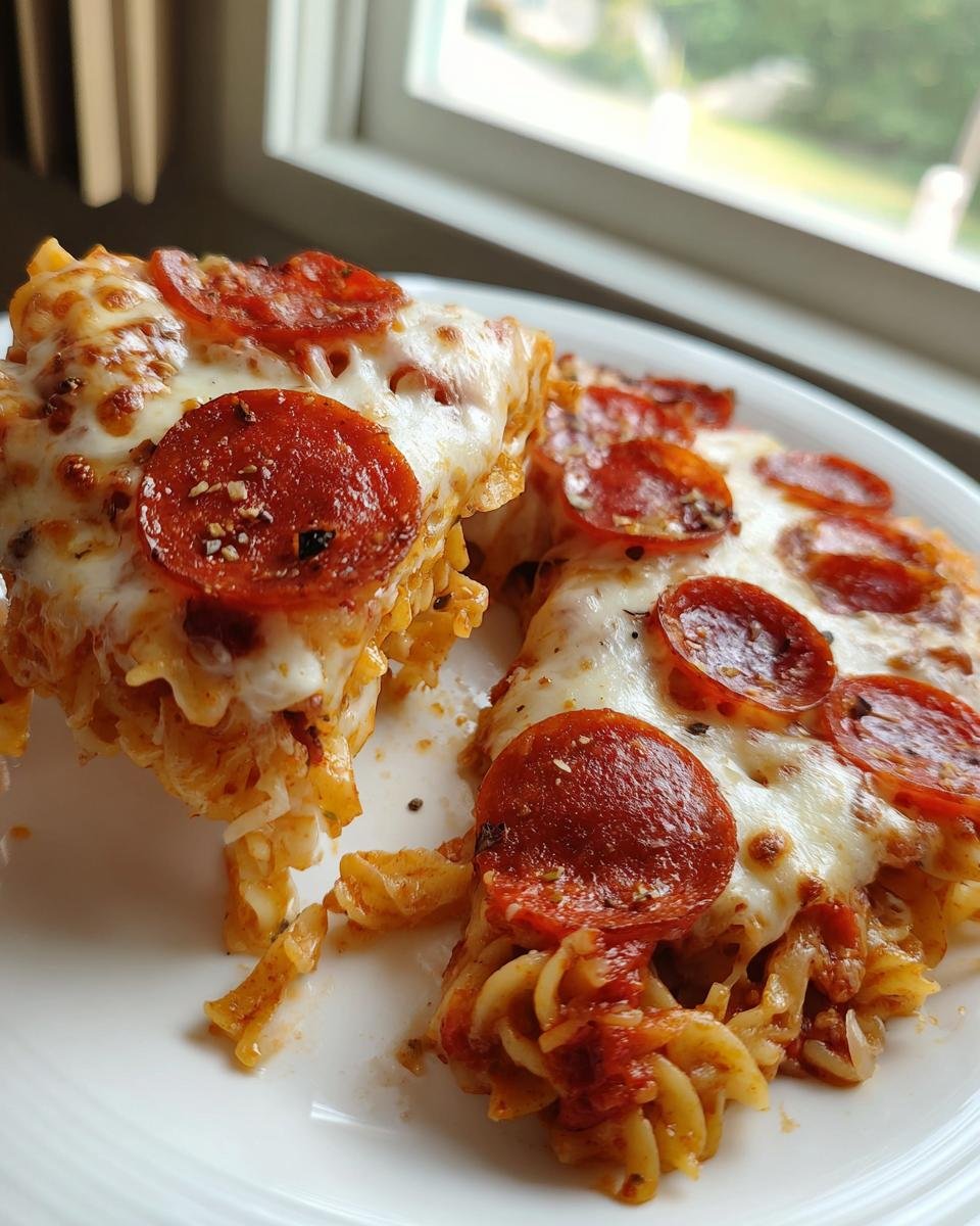 Two servings of Pepperoni Pizza Casserole featuring pasta, tomato sauce, melted mozzarella, and crispy pepperoni slices.