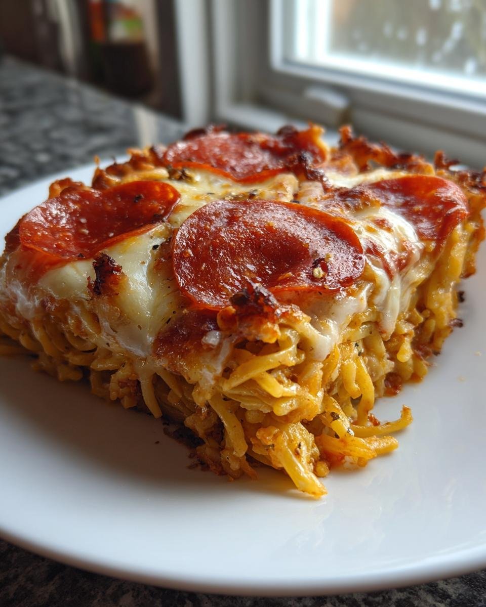 A close-up of a square slice of Pepperoni Pizza Casserole featuring pasta, melted mozzarella, and crispy pepperoni on top.