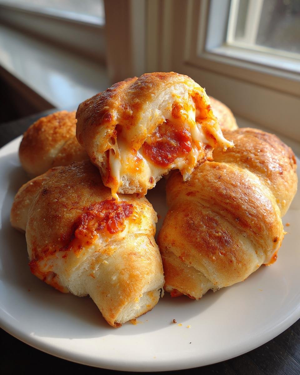 Close-up of warm Pepperoni Pizza Crescent Rolls piled on a white plate, one is broken open showing melted cheese and pepperoni.