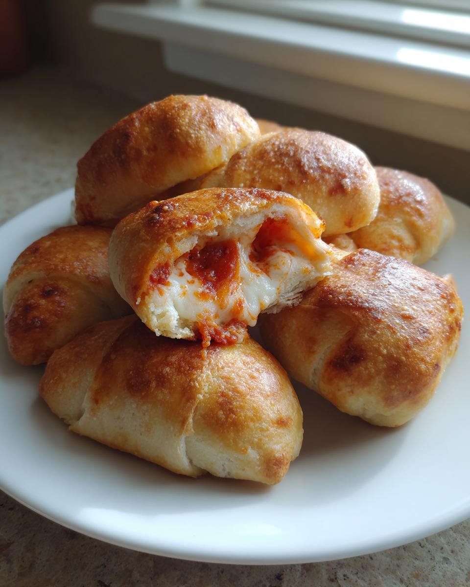 Close-up of golden brown Pepperoni Pizza Crescent Rolls, one is broken open showing melted mozzarella cheese and pepperoni.