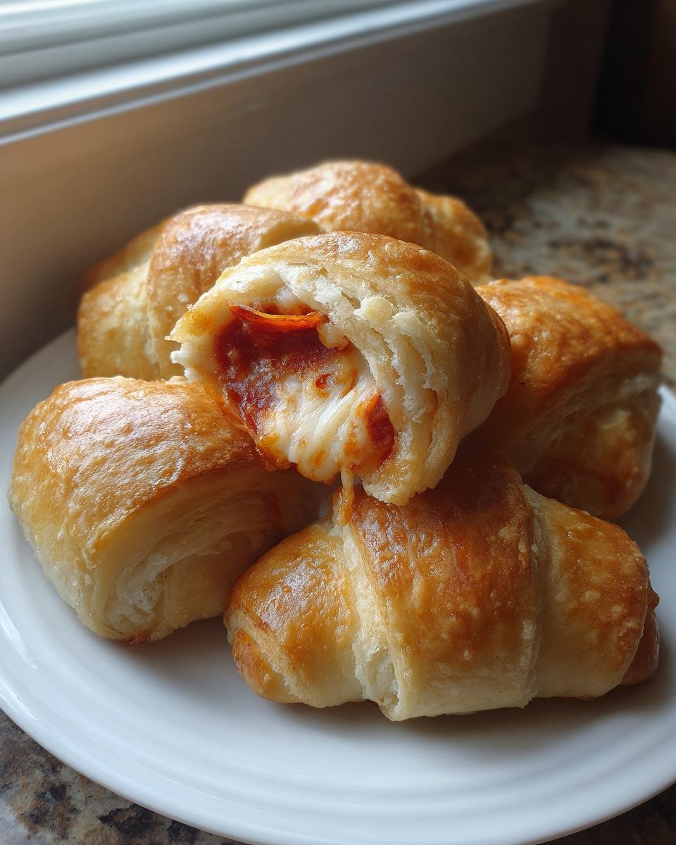 A stack of golden-brown Pepperoni Pizza Crescent Rolls on a white plate, one is broken open showing melted cheese and pepperoni.