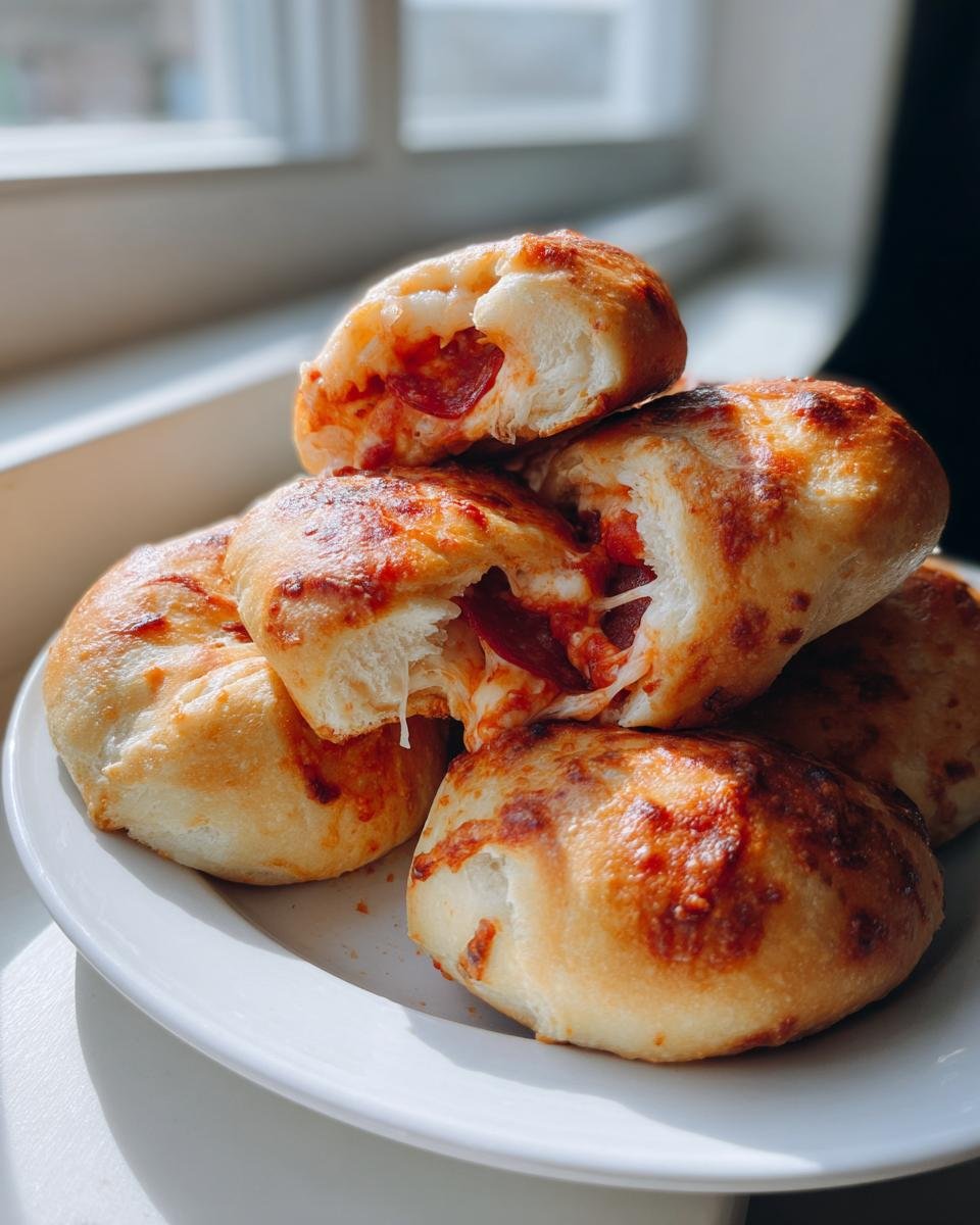 A stack of golden-brown Pepperoni Pizza Crescent Rolls, one broken open showing melted cheese and pepperoni inside.
