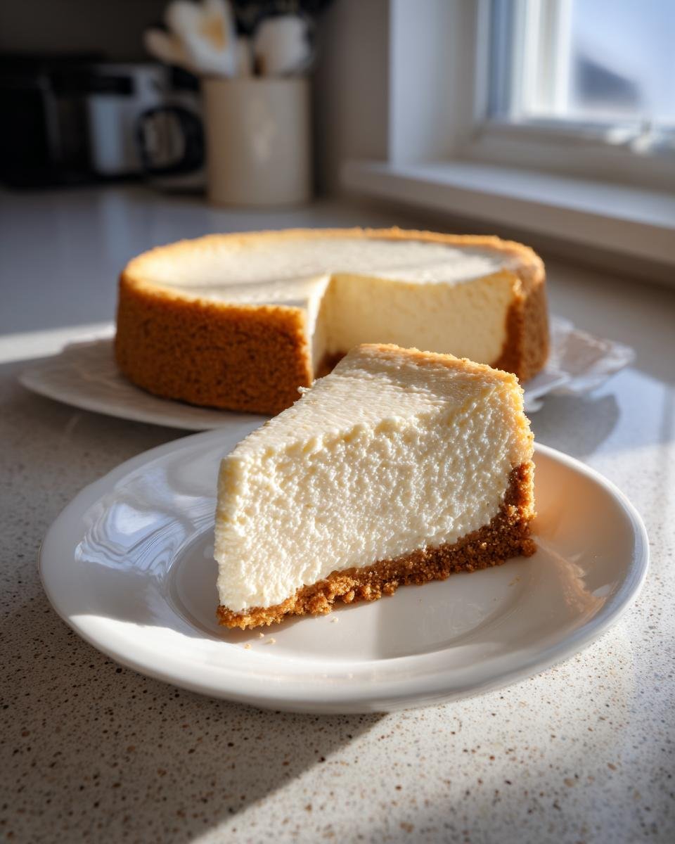 A perfect slice of creamy Philadelphia No Bake Cheesecake with a thick graham cracker crust on a white plate.