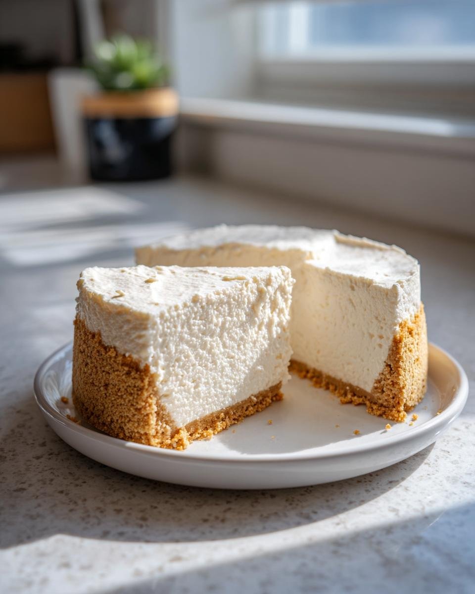A slice of creamy Philadelphia No Bake Cheesecake with a thick graham cracker crust served on a white plate.