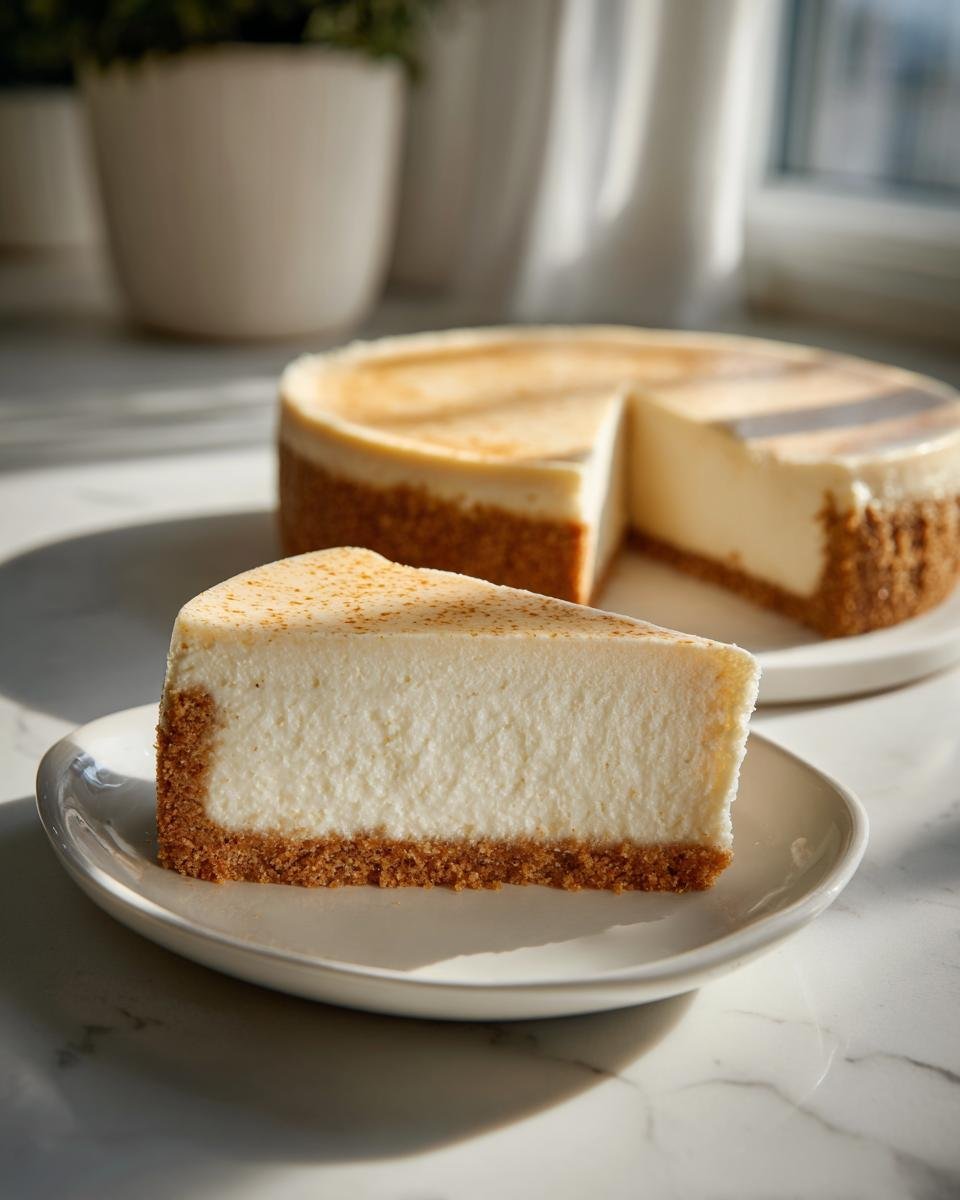 A perfect slice of creamy Philadelphia No Bake Cheesecake with a thick graham cracker crust on a white plate.