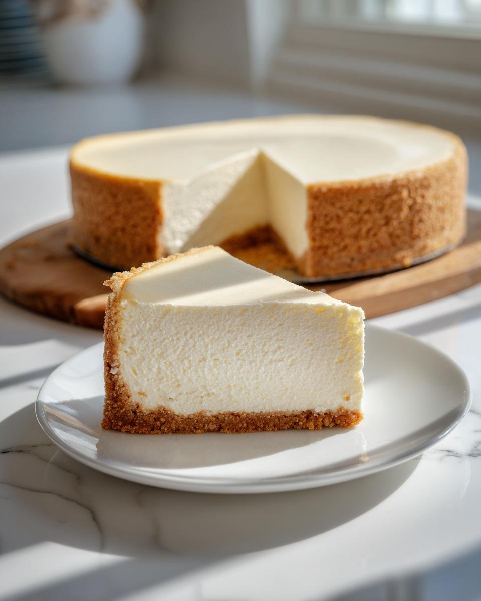 A perfect slice of creamy Philadelphia No Bake Cheesecake sits on a white plate, with the rest of the graham cracker crust cheesecake in the background.