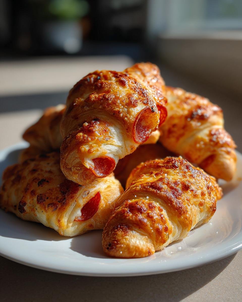 A stack of golden, cheesy pizza appetizers made with crescent rolls and pepperoni, served on a white plate.