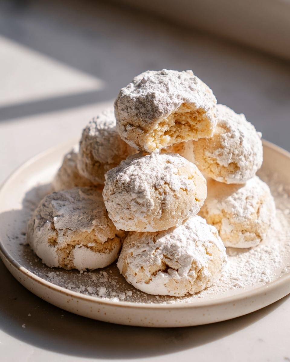 A stack of powdered sugar-dusted cookies, likely Polvorones, a popular Spanish Christmas dessert.