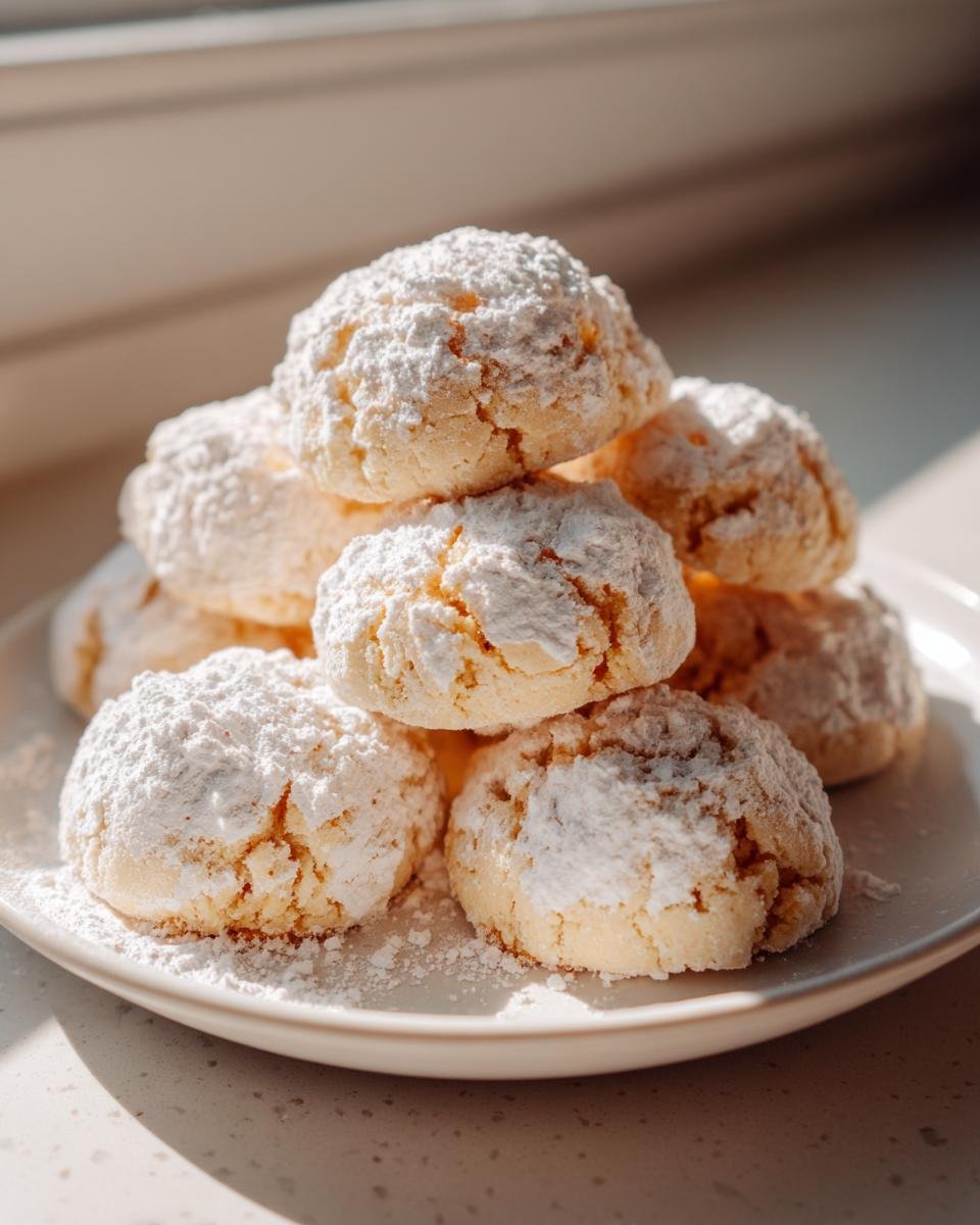 A stack of crinkle cookies heavily dusted with powdered sugar, typical of Spanish Christmas Desserts.