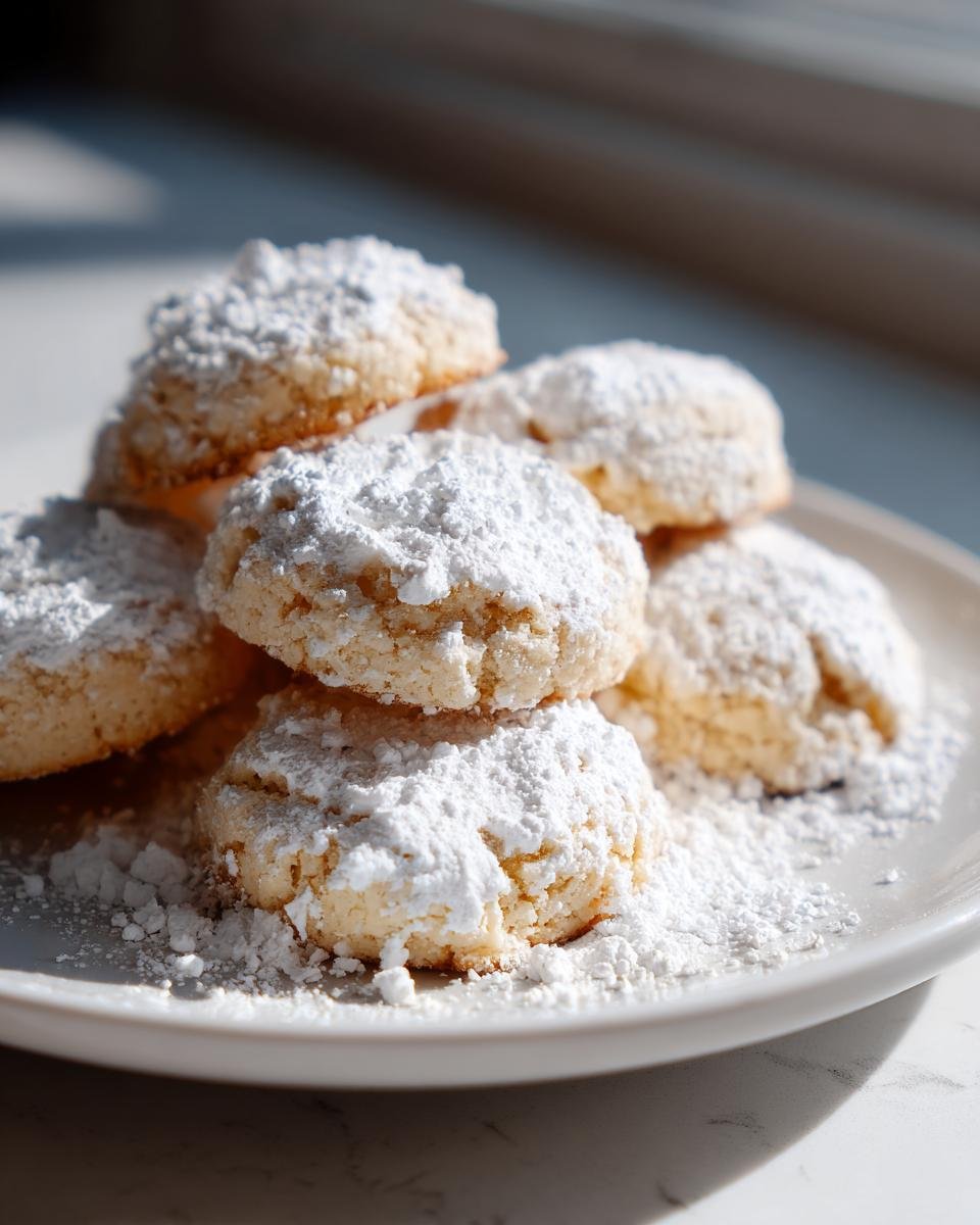 A stack of crumbly cookies heavily dusted with powdered sugar, typical of Spanish Christmas Desserts.