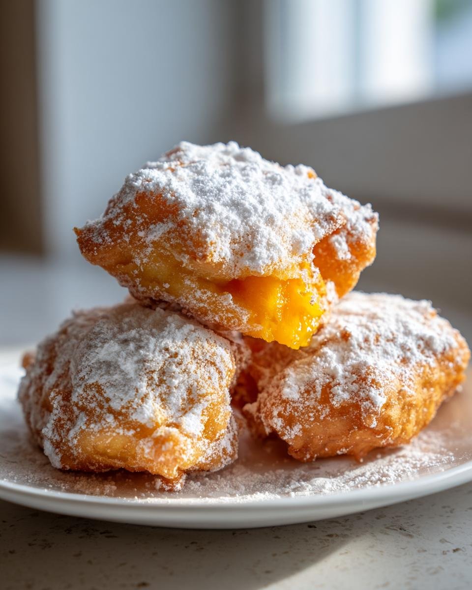 Three golden brown Peach Fritters stacked on a white plate, heavily dusted with powdered sugar, showing the bright peach filling inside one.