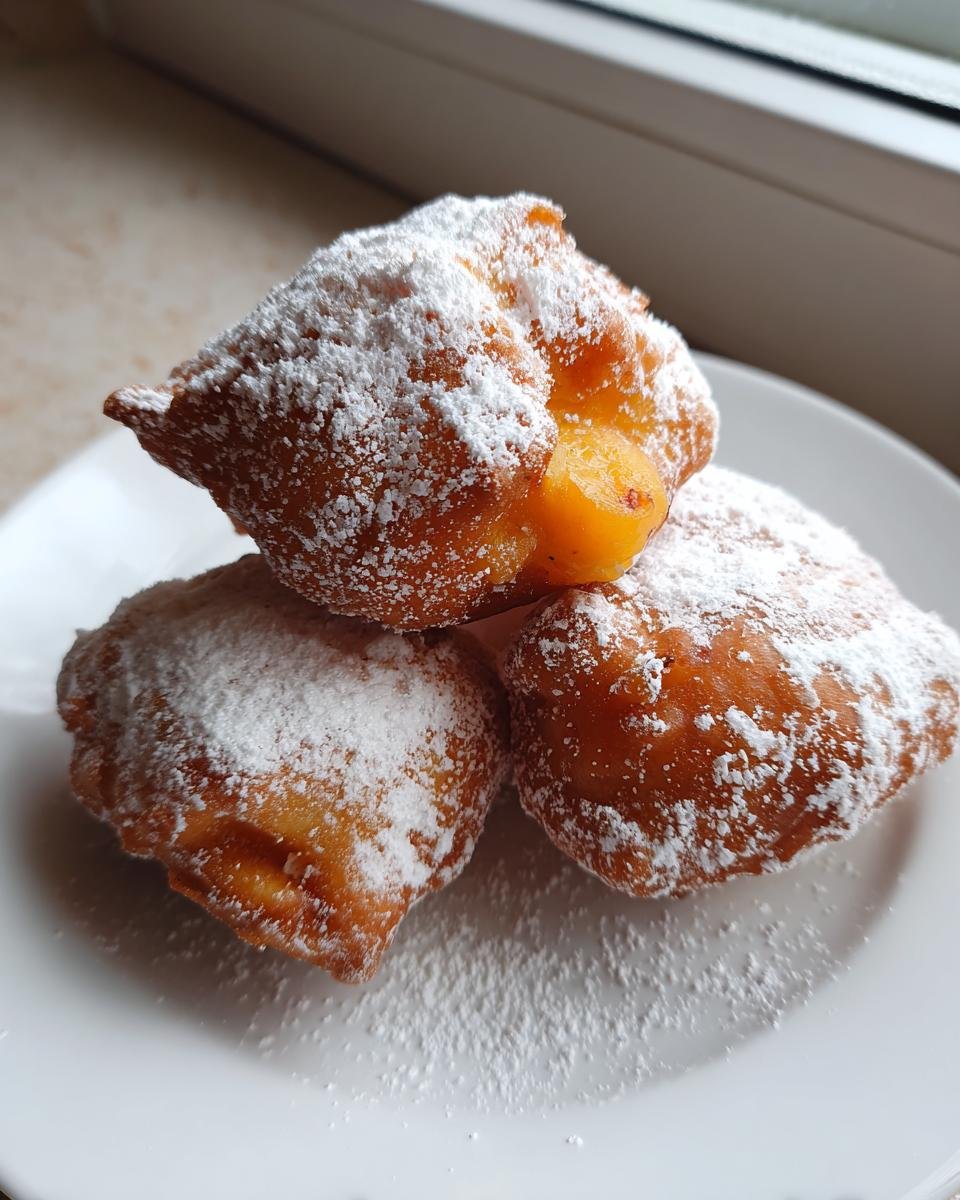 Three golden brown Peach Fritters piled on a white plate, heavily dusted with powdered sugar.