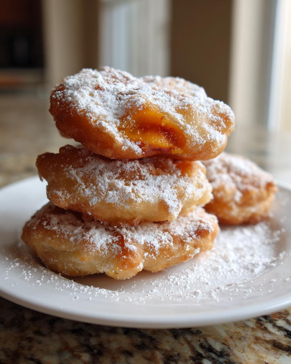 A stack of three golden brown Peach Fritters generously dusted with powdered sugar on a white plate.