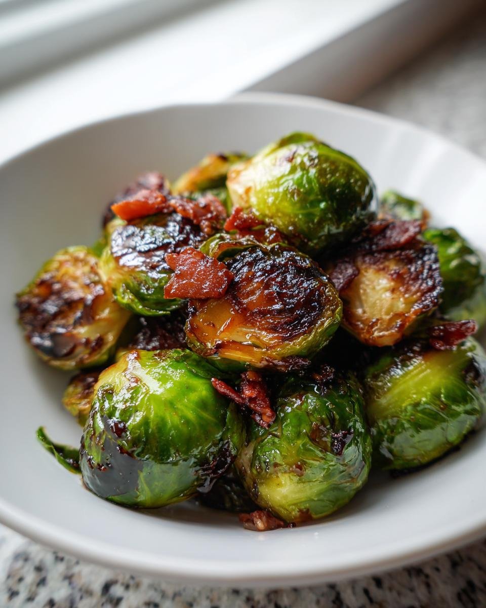 Close-up of glossy, caramelized Red Lobster Brussels Sprouts topped with crispy bacon bits in a white bowl.