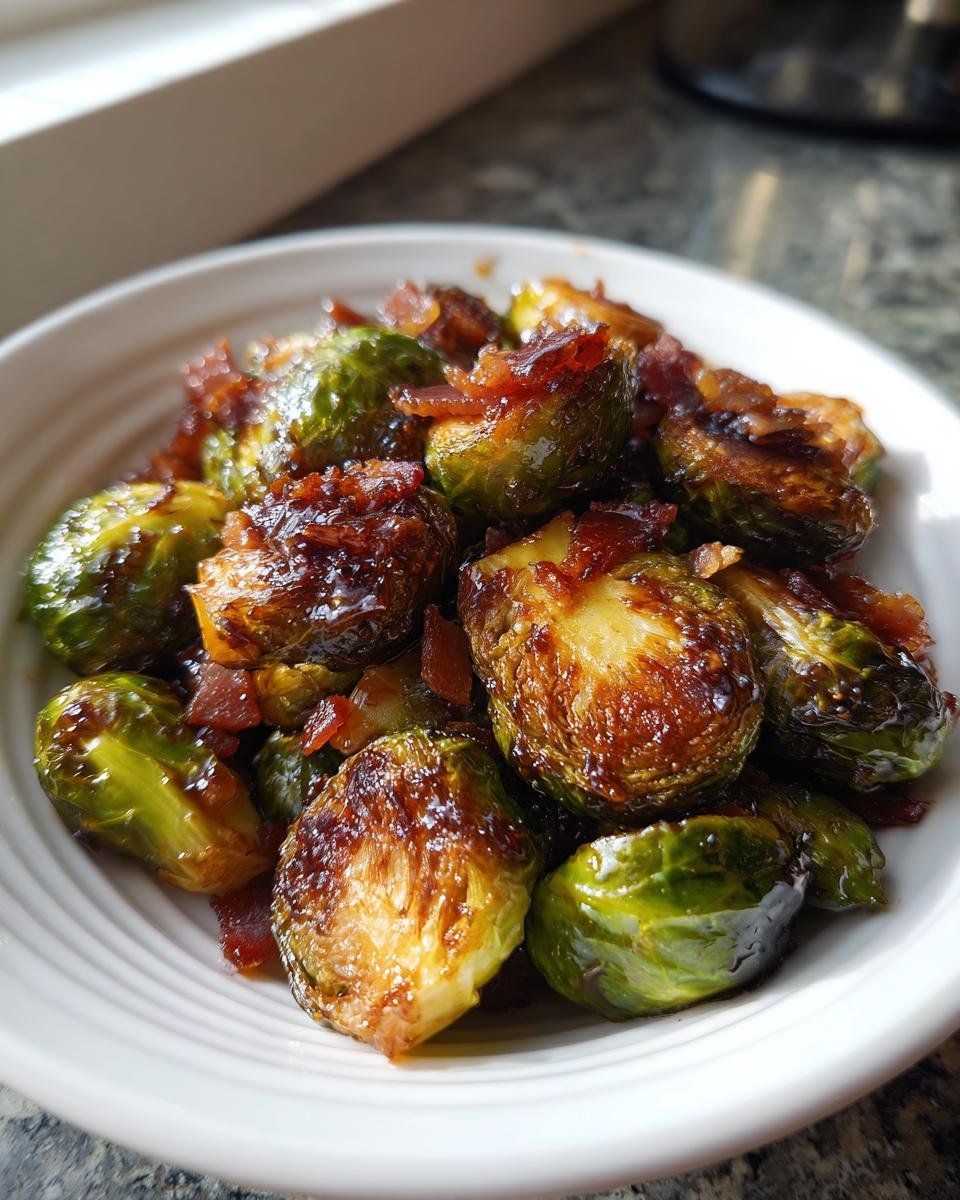 Close-up of glazed and caramelized Red Lobster Brussels Sprouts topped with crispy bacon bits in a white bowl.