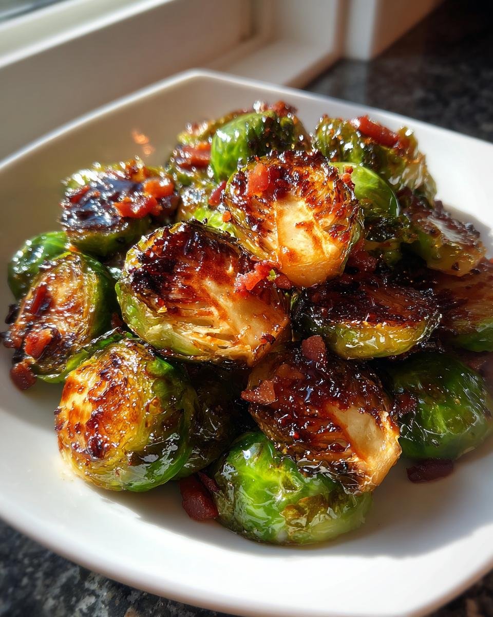 Close-up of glazed and caramelized Red Lobster Brussels Sprouts topped with bits of bacon served in a white bowl.