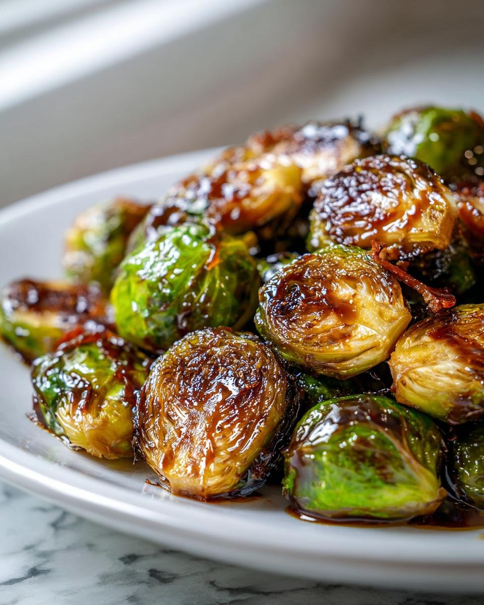 Close-up of perfectly roasted and glazed Red Lobster Brussels Sprouts piled on a white plate.