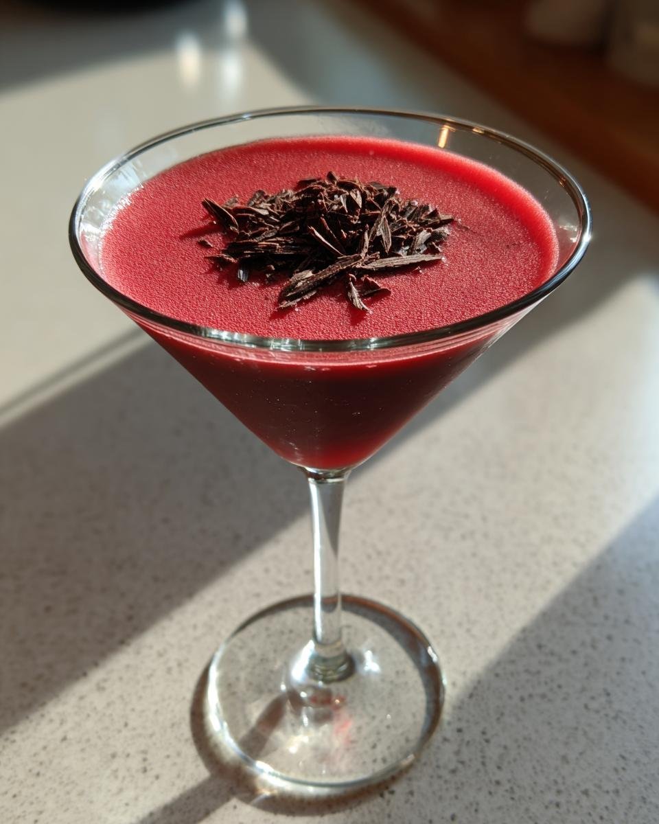 A bright red Red Velvet Martini in a stemmed glass, garnished with dark chocolate shavings.