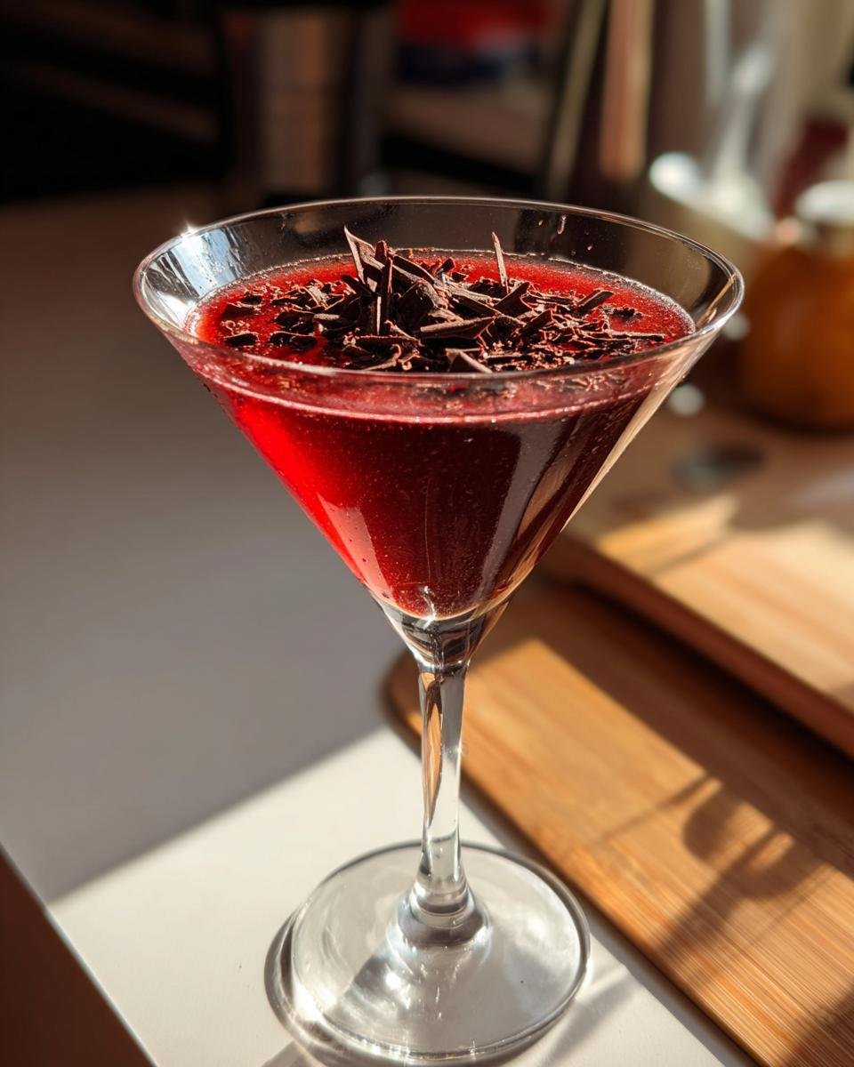 A vibrant, deep red Red Velvet Martini served in a coupe glass, garnished generously with dark chocolate shavings.