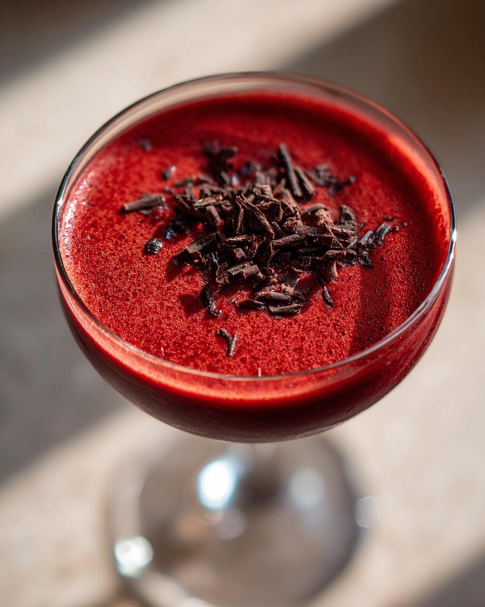 Overhead view of a vibrant red Red Velvet Martini in a coupe glass, garnished with dark chocolate shavings.