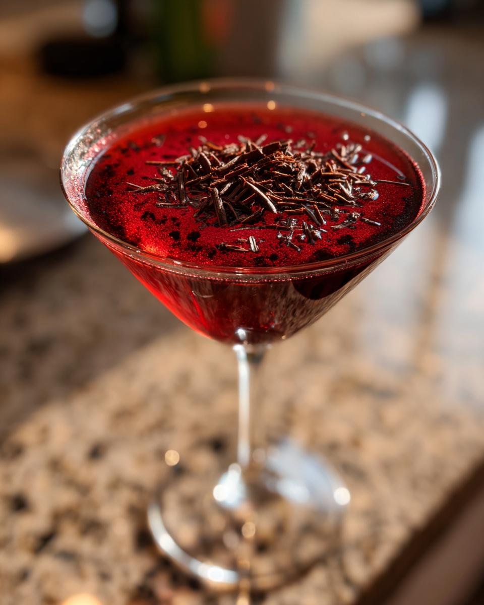 Close-up of a vibrant, deep red Red Velvet Martini topped with dark chocolate shavings.