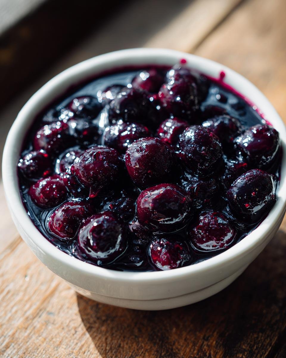 Close-up of rich, dark Blueberry Compote glistening in a white bowl set on a rustic wooden surface.