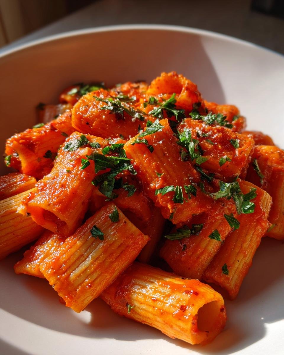 Close-up of a bowl filled with vibrant Rigatoni Arrabbiata pasta coated in spicy red sauce and topped with fresh parsley.