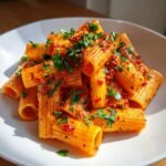 Close-up of perfectly cooked Rigatoni Arrabbiata pasta tossed in a spicy red sauce and topped with fresh parsley.