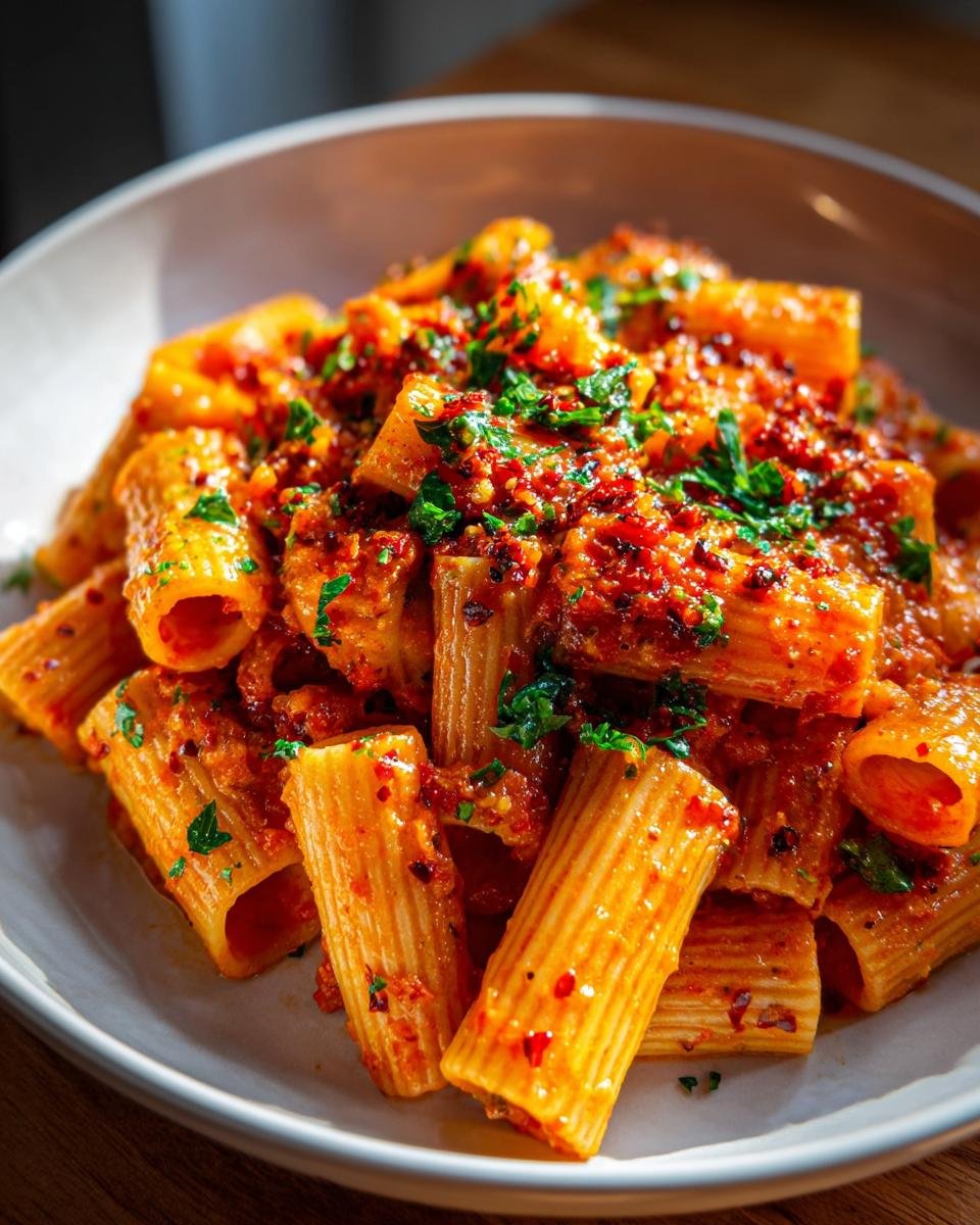 Close-up of a white bowl filled with vibrant Rigatoni Arrabbiata pasta coated in spicy red sauce and topped with fresh parsley.