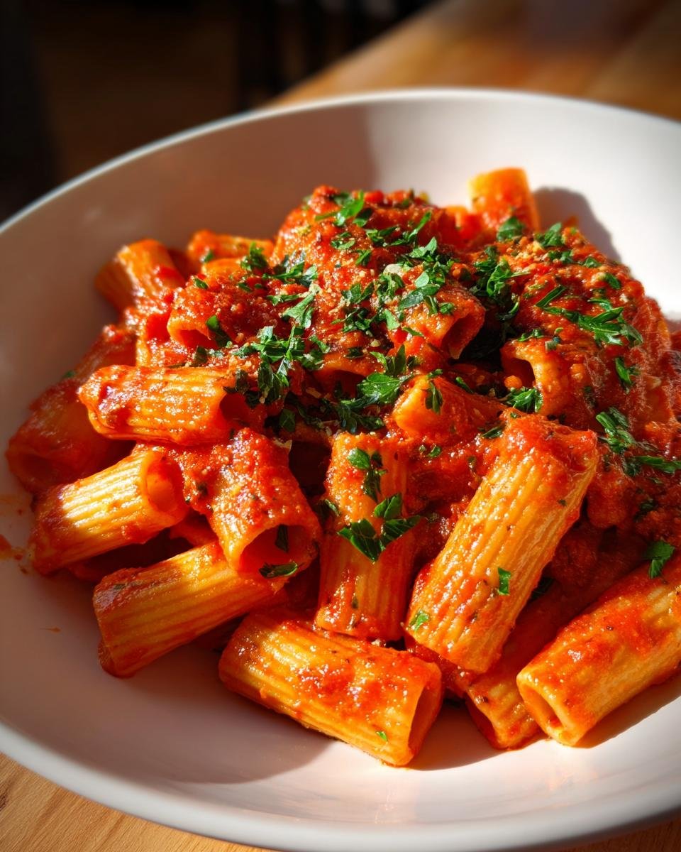 Close-up of a serving of Rigatoni Arrabbiata pasta coated in spicy red sauce and topped with fresh parsley.