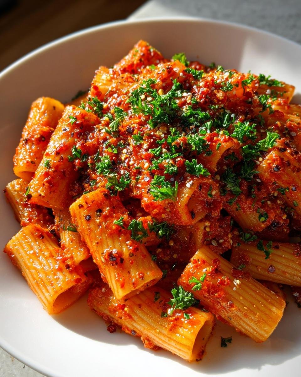 Close-up of a bowl filled with vibrant Rigatoni Arrabbiata pasta coated in spicy red sauce and fresh parsley.