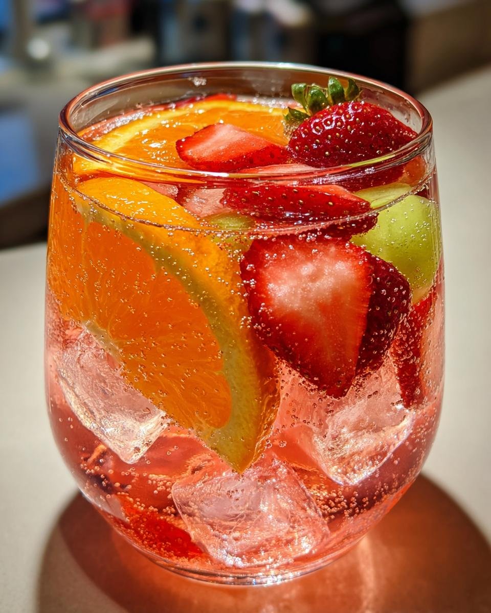 Close-up of a refreshing Rose Sangria Mocktail filled with ice, orange slices, strawberries, and grapes.