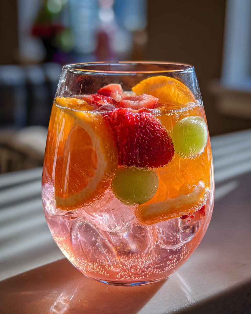 Close-up of a glass filled with Rose Sangria Mocktail, ice, orange slices, strawberries, and green grapes.