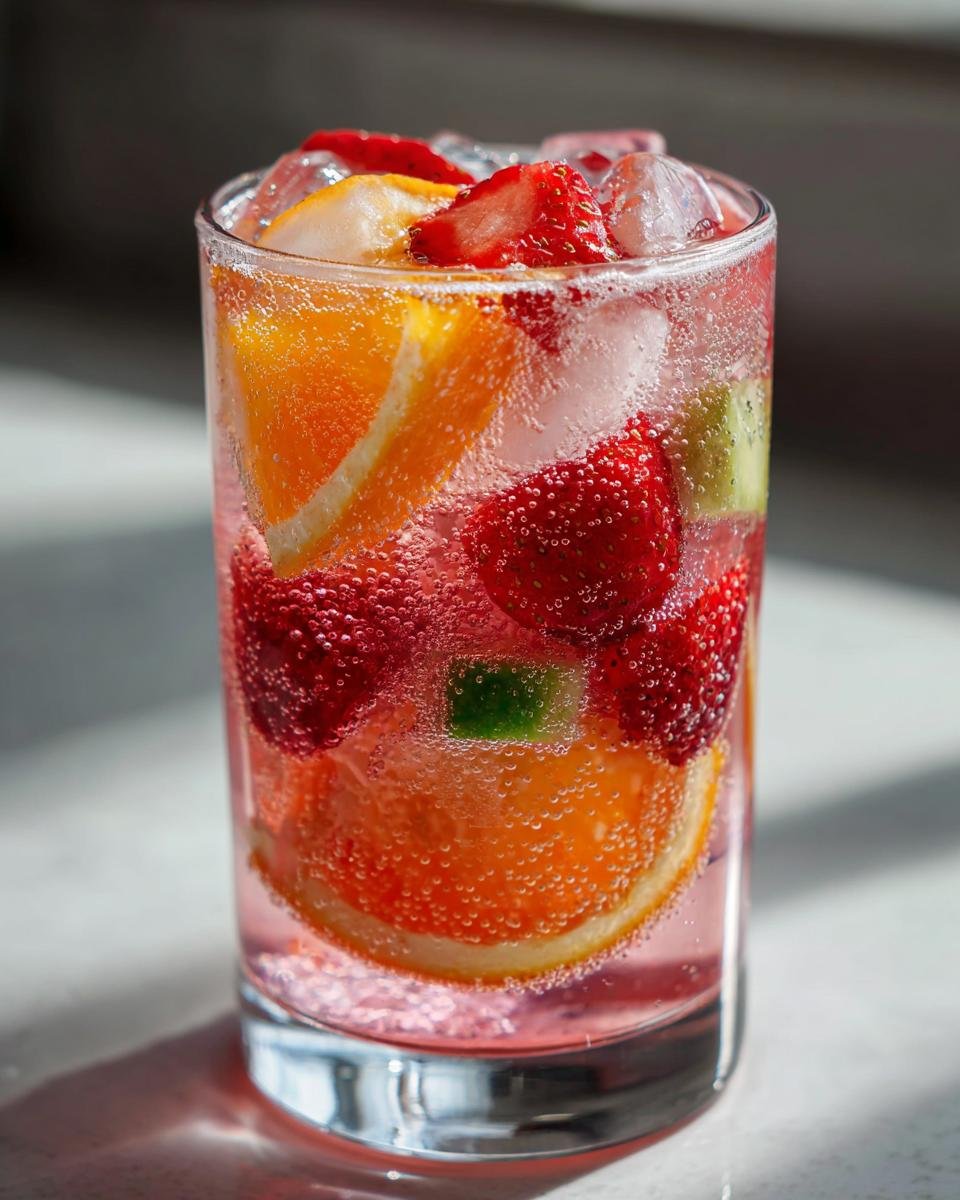 Close-up of a tall glass filled with Rose Sangria Mocktail, ice, and slices of orange, strawberry, and kiwi.