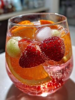Close-up of a glass filled with Rose Sangria Mocktail, ice, strawberries, orange slices, and melon balls.