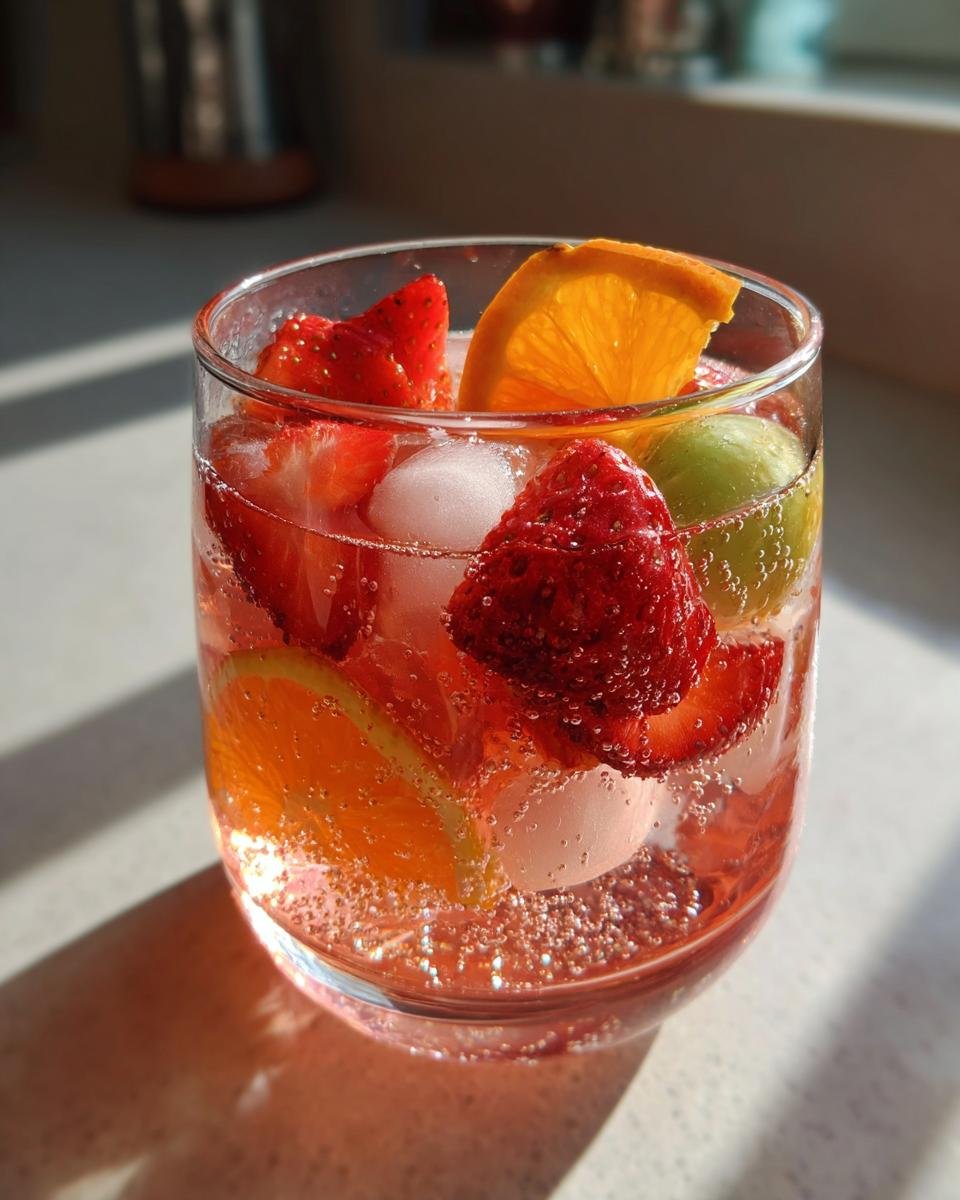 Close-up of a fizzy Rose Sangria Mocktail filled with strawberries, orange slices, and ice cubes, backlit by sunlight.