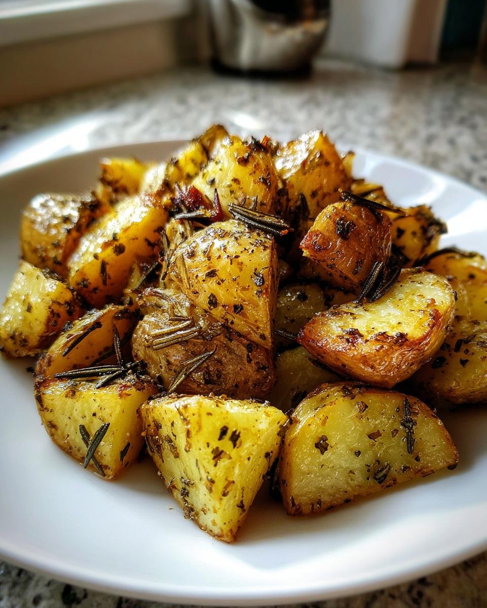 A close-up of golden brown Rosemary Roasted Potatoes seasoned heavily with herbs and rosemary sprigs on a white plate.