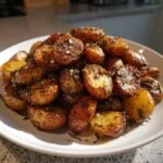 A close-up of golden brown, crispy Rosemary Roasted Potatoes seasoned with herbs, piled high on a white plate.