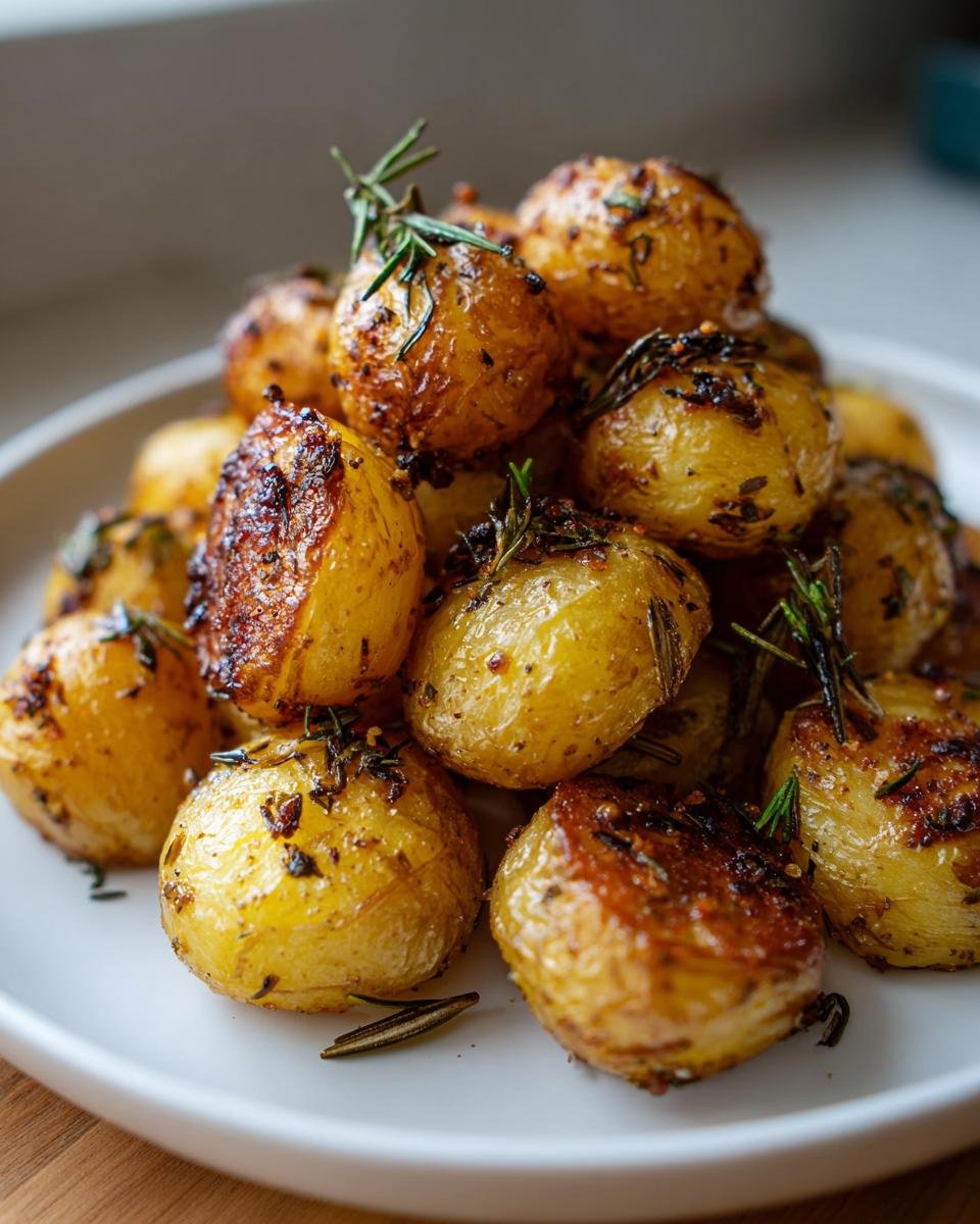 A close-up of perfectly golden and crispy Rosemary Roasted Potatoes piled high on a white plate, garnished with fresh rosemary sprigs.