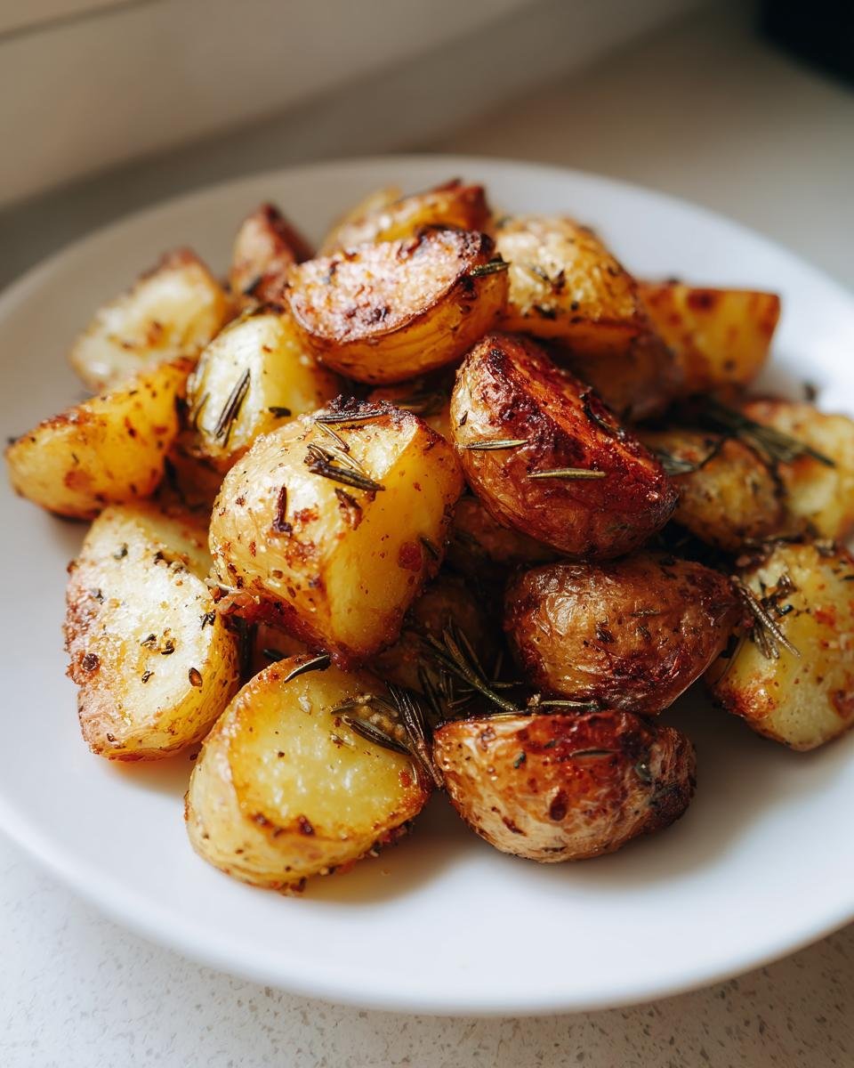 A close-up of golden brown Rosemary Roasted Potatoes seasoned with herbs and served on a white plate.
