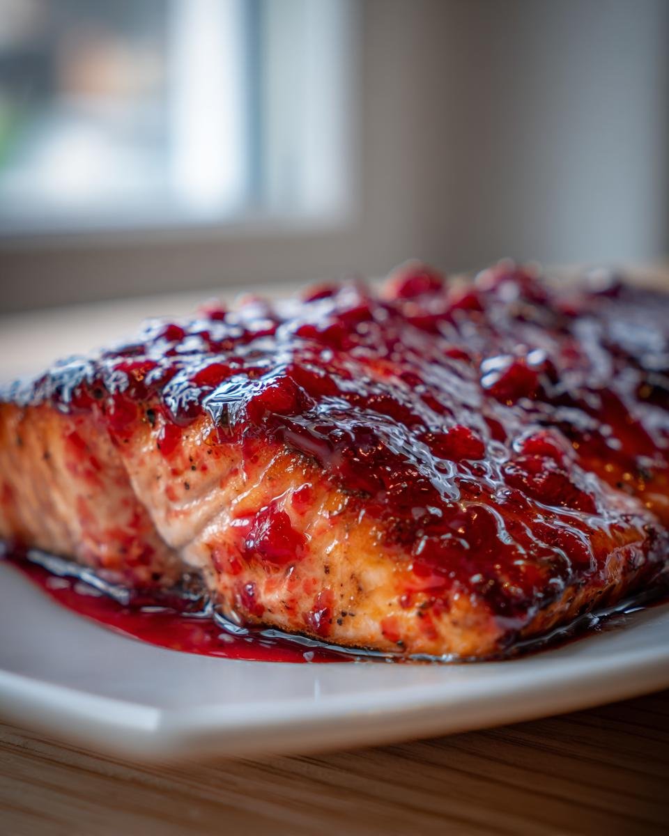 Close-up of baked salmon fillet topped with a thick, glossy glaze made from leftover cranberry sauce recipes.