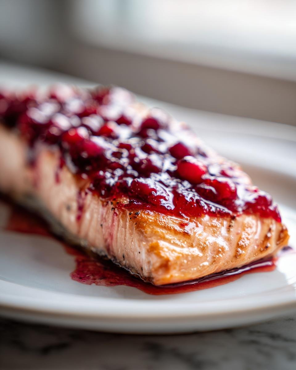 Close-up of a perfectly cooked salmon fillet topped with a vibrant, whole-berry leftover cranberry sauce glaze.