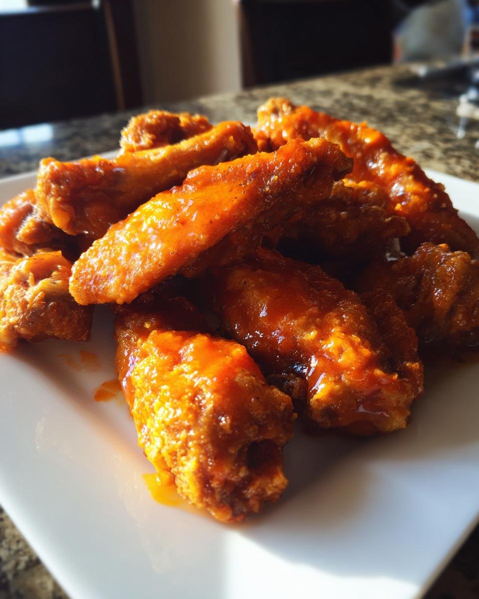 A close-up of crispy Buffalo Chicken Wings generously coated in bright orange sauce on a white plate.