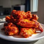 Close-up of a pile of glistening, saucy Buffalo Chicken Wings stacked high on a white plate.